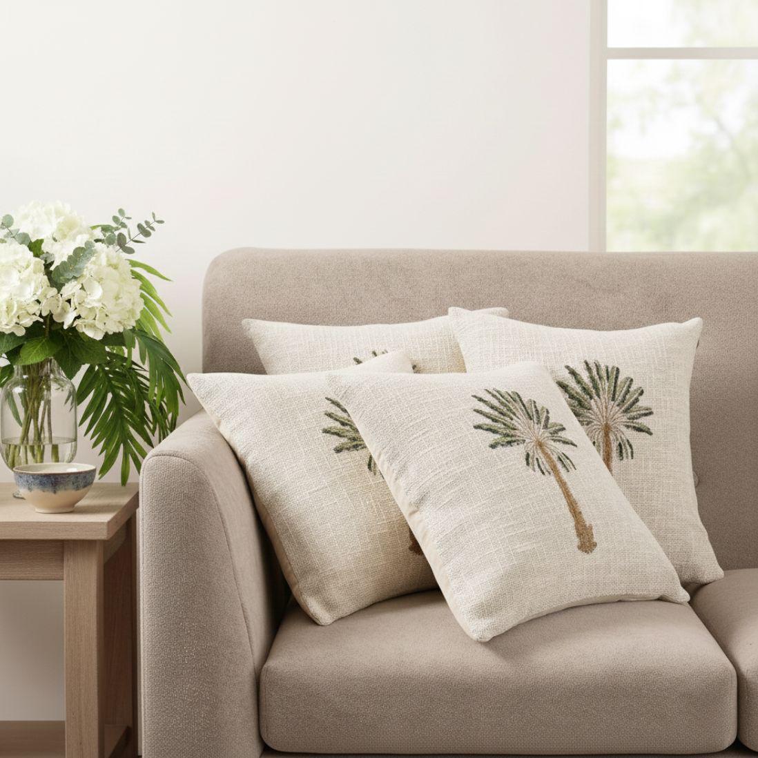 Palm Tree Block Print Cushion – Decorative Tropical Cotton Pillow – Aesthetic Summer Room Decor - Set of 2