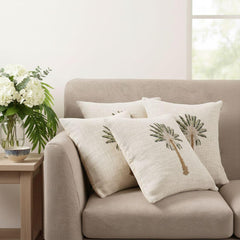 Palm Tree Block Print Cushion – Decorative Tropical Cotton Pillow – Aesthetic Summer Room Decor - Set of 2