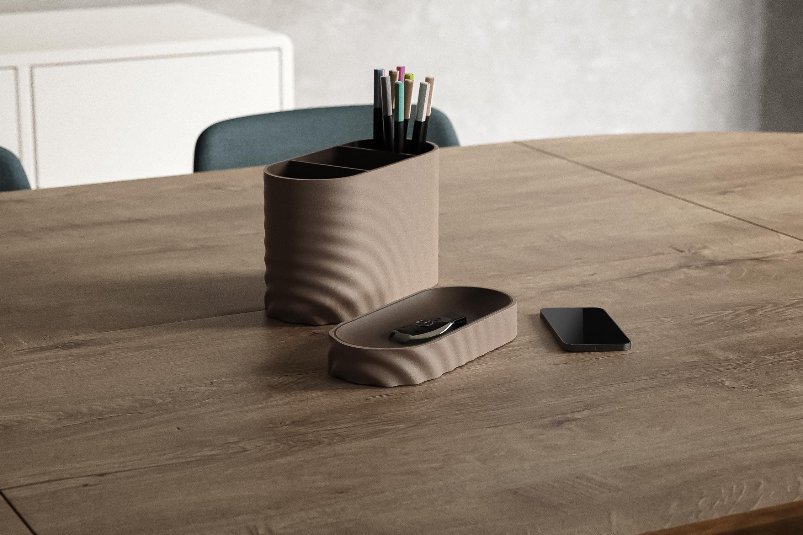 Modern Desk Organizer Set | Two-Tone Storage Box + Catchall Tray | Minimal Wave Texture