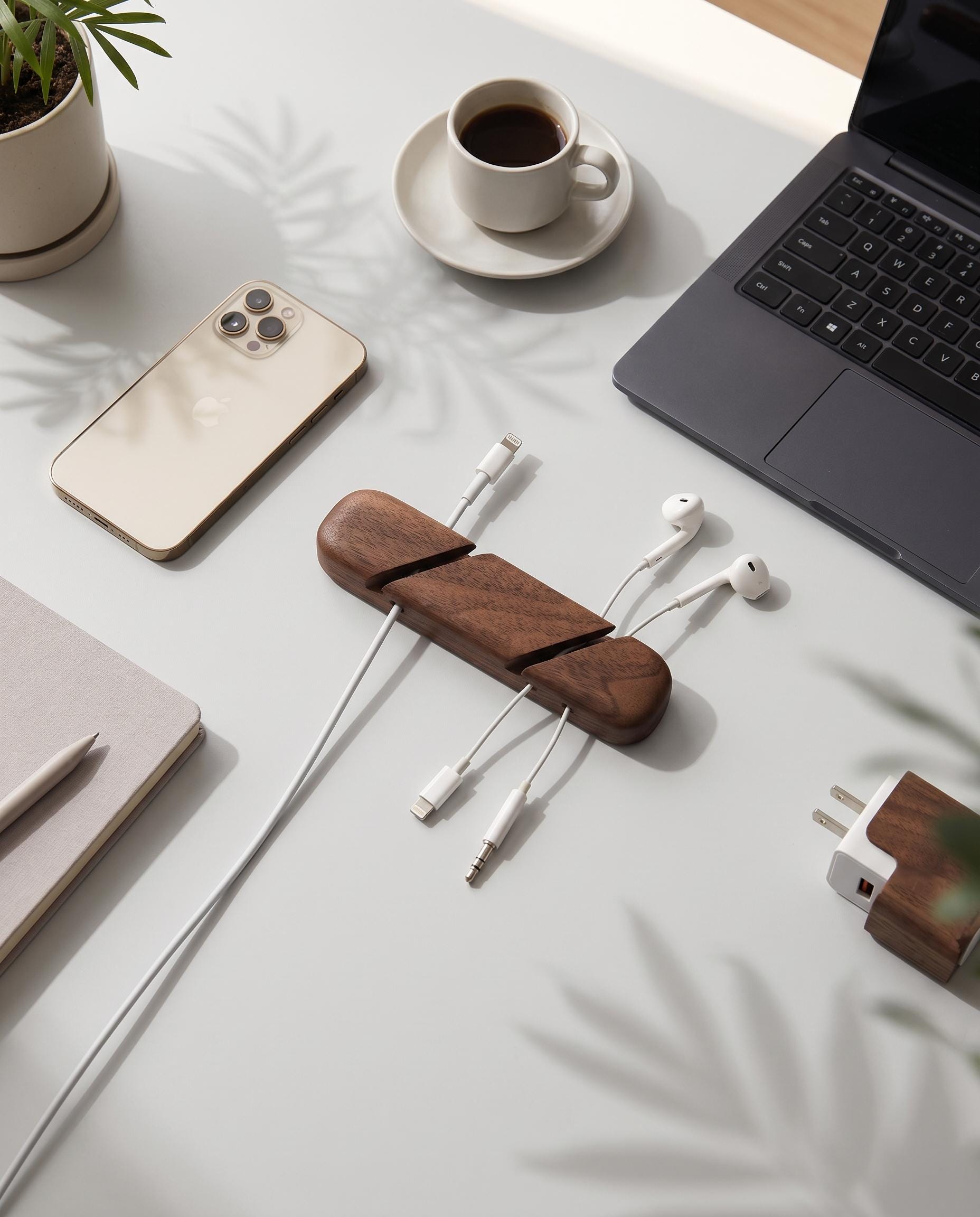 Wooden Cable Organizer, Desk Cord Holder, Magnetic Line Storage, Home Office Accessories